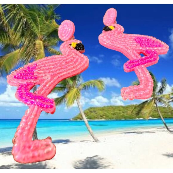 Flamingo Earrings Beaded Dangle Post Pink Statement Jewelry New Caribbea… - Picture 5 of 12